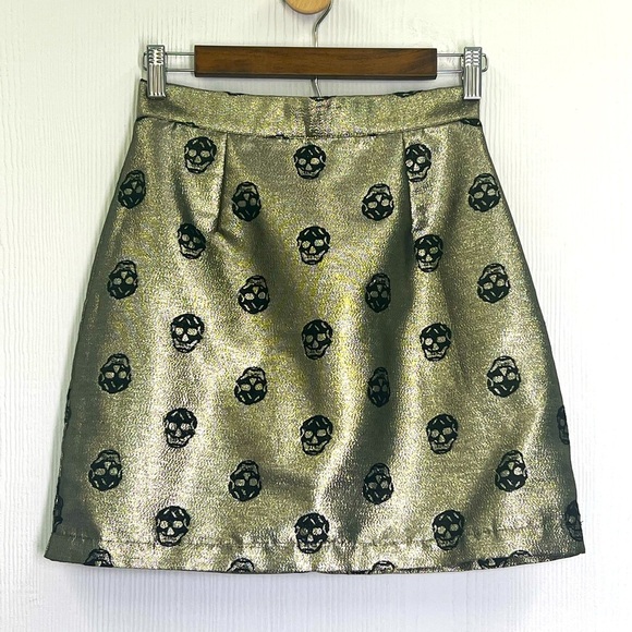 Mod Cloth - Metallic Gold With Black Skull Patterned Hidden Zipper Mini Skirt 2 - Picture 2 of 11